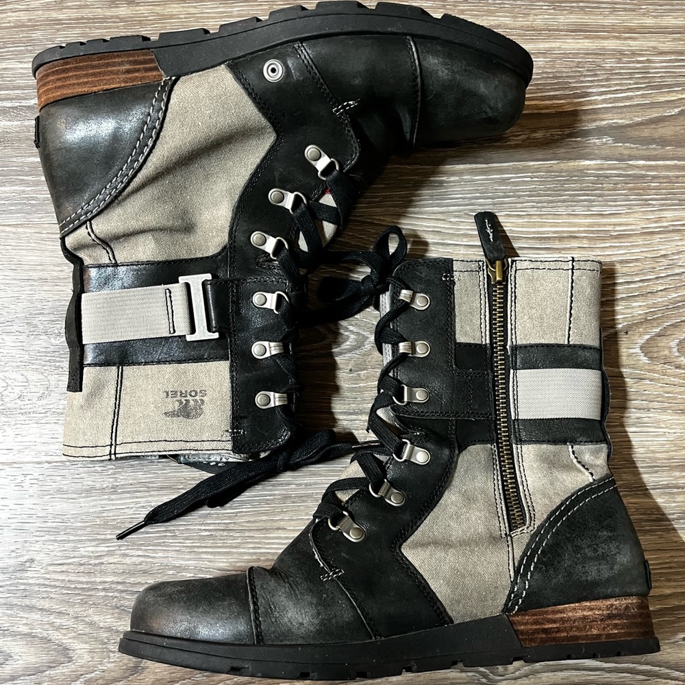 Sorel Women’s Major Carly Lace Up Leather Canvas Boot Size 11 Black Beige